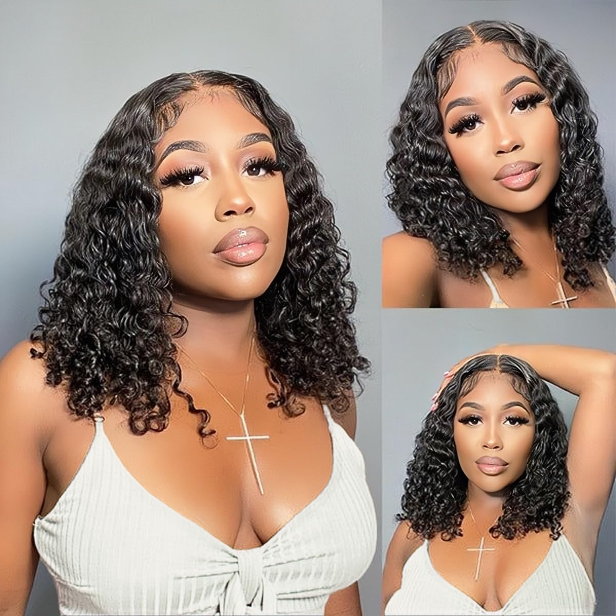 Maytune Wear and Go Glueless Wigs Human Hair Pre Plucked Pre Cut Deep Wave Curly Bob Wig Human Hair Lace Front Wigs for Black Women 4x4 Glueless Lace Closure Human Hair Bob Wigs 10 Inch