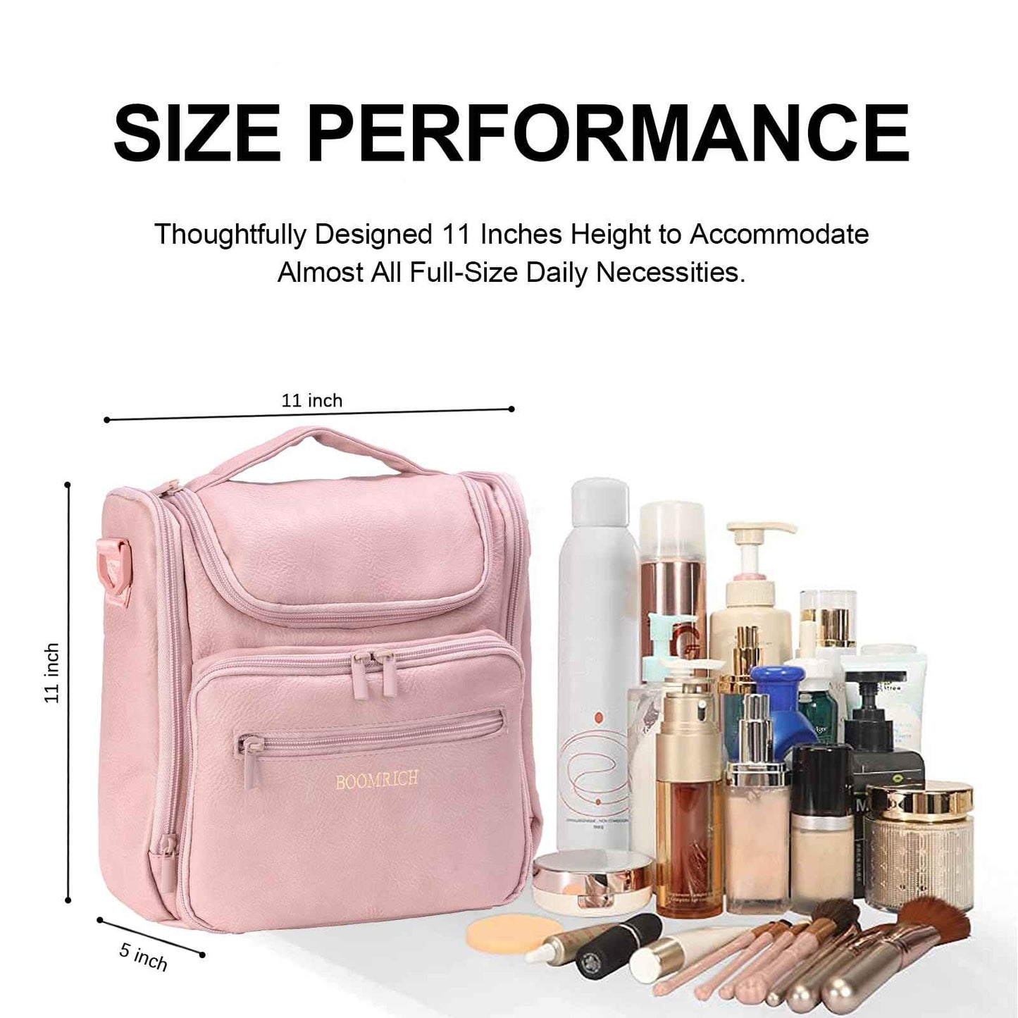 Large Toiletry Bag for Women, Hanging Leather Travel Makeup Bag with 360° Hook and Shoulder Strap, Travel Organizer for Full Sized Container, Toiletries, Brushes (Pink)