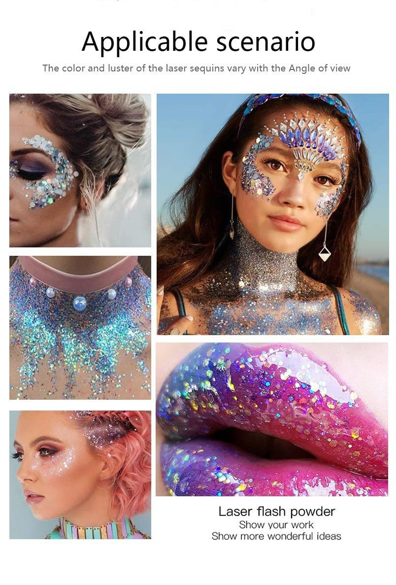 3 Colors Face Body Glitter Gel, Sequins Shimmer Liquid Eyeshadow, Chunky Glitter for Face Hair Nails, Holographic Cosmetic Laser Powder,Rave Festival Glitter Makeup.(02#Golden+04#Fuchsia+06White)