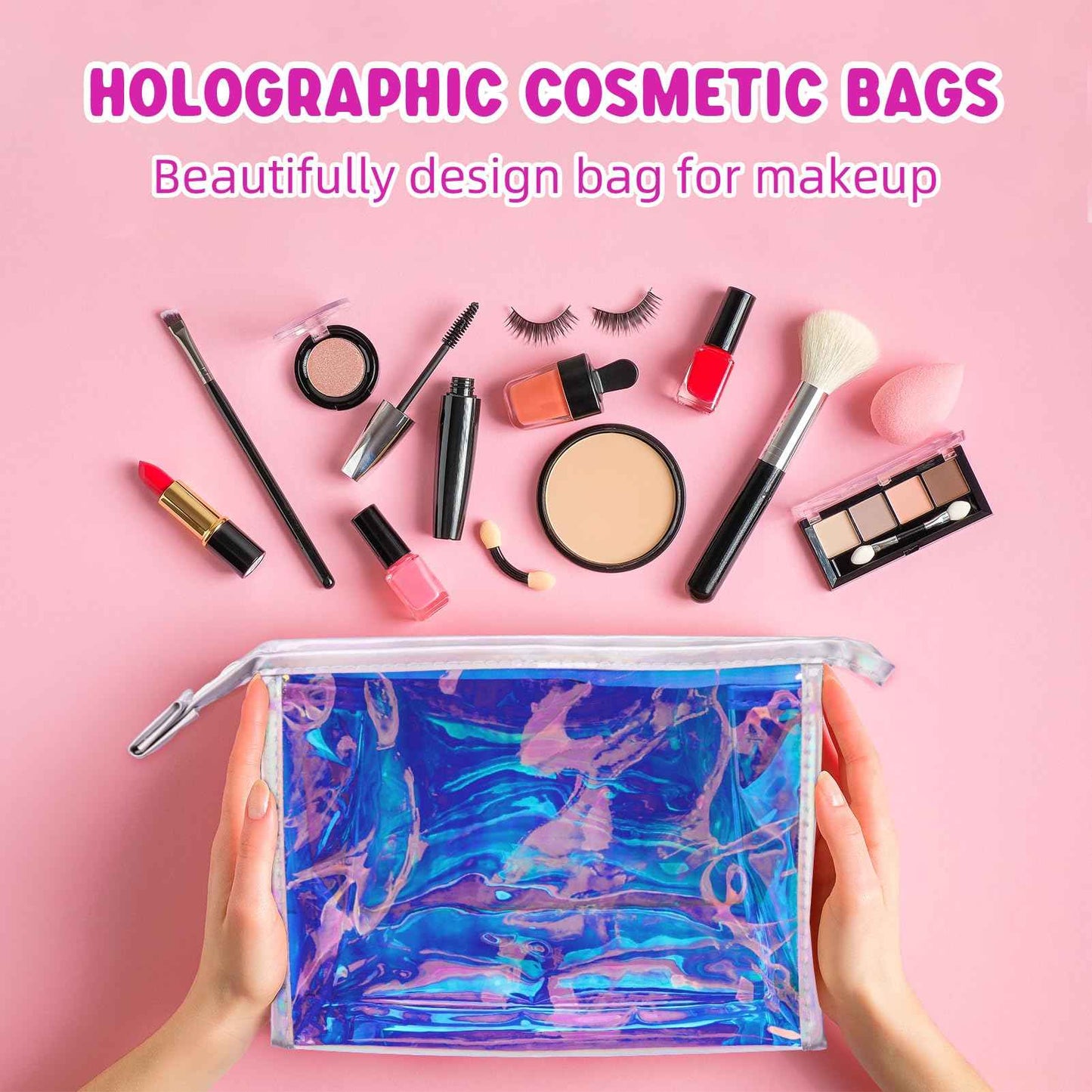 Zwish 2Pack Holographic Makeup Bags Bulk, Iridescent Pouch Portable Zippered Toiletry ， Travel Makeup Brush Holder, Makeup Organizer， Waterproof Cosmetic ， Gift Bags for Women