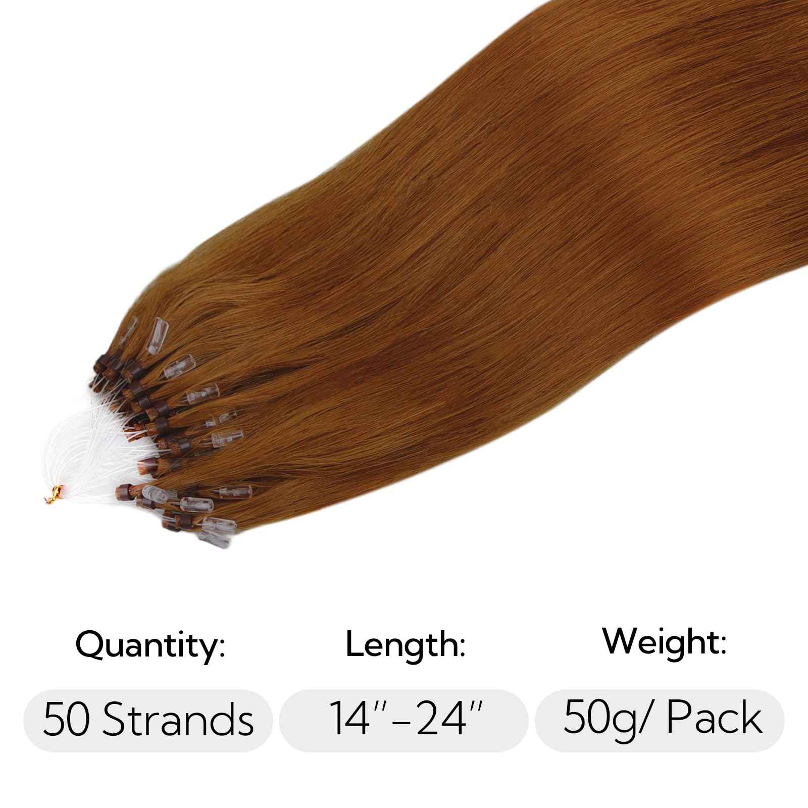 HOTBANANA Micro Ring Hair Extensions, 14 inch 50g 50s Copper Micro Beads Link Straight Real Human Hair Extensions