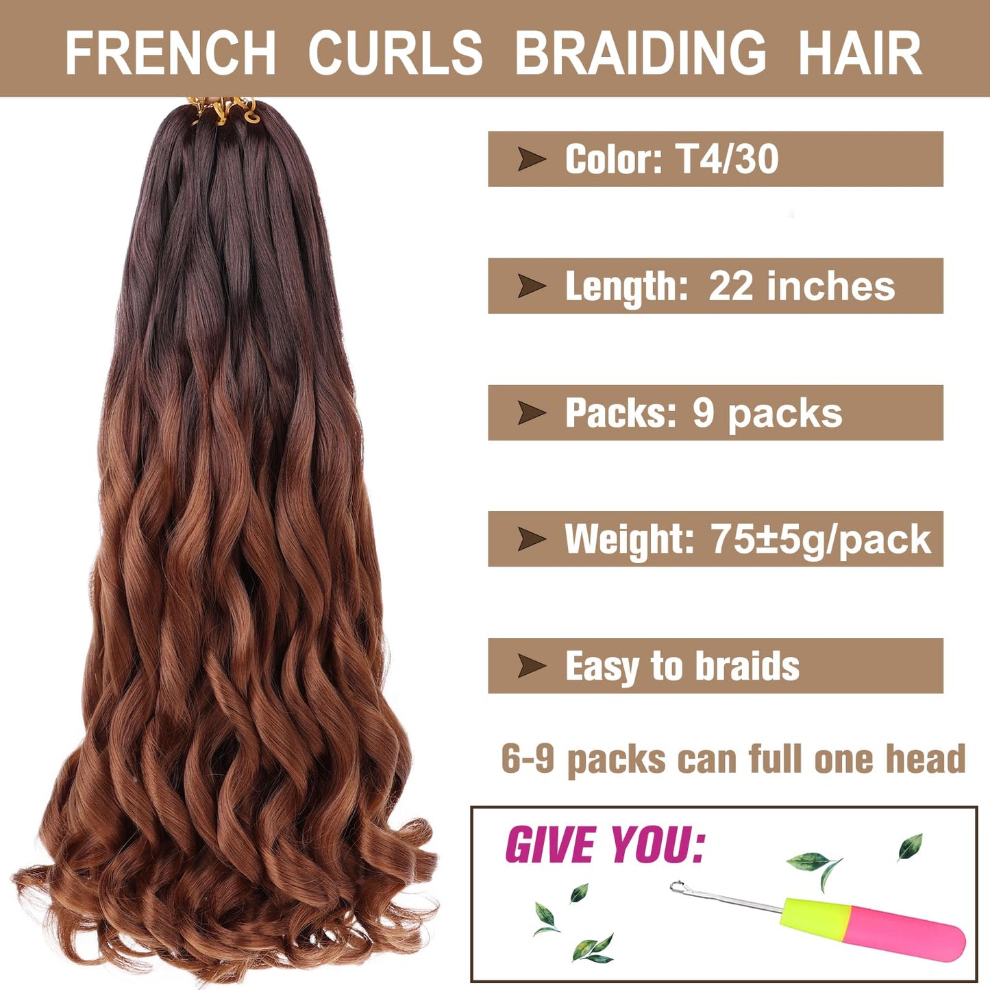 COOKOO 9 Packs 75g/Pack French Curly Braiding Hair Extensions 22 Inch Ombre Brown French Curl Braiding Hair with Curly Ends Bouncy Spanish Curls Synthetic Crochet Hair Extensions T4/30#