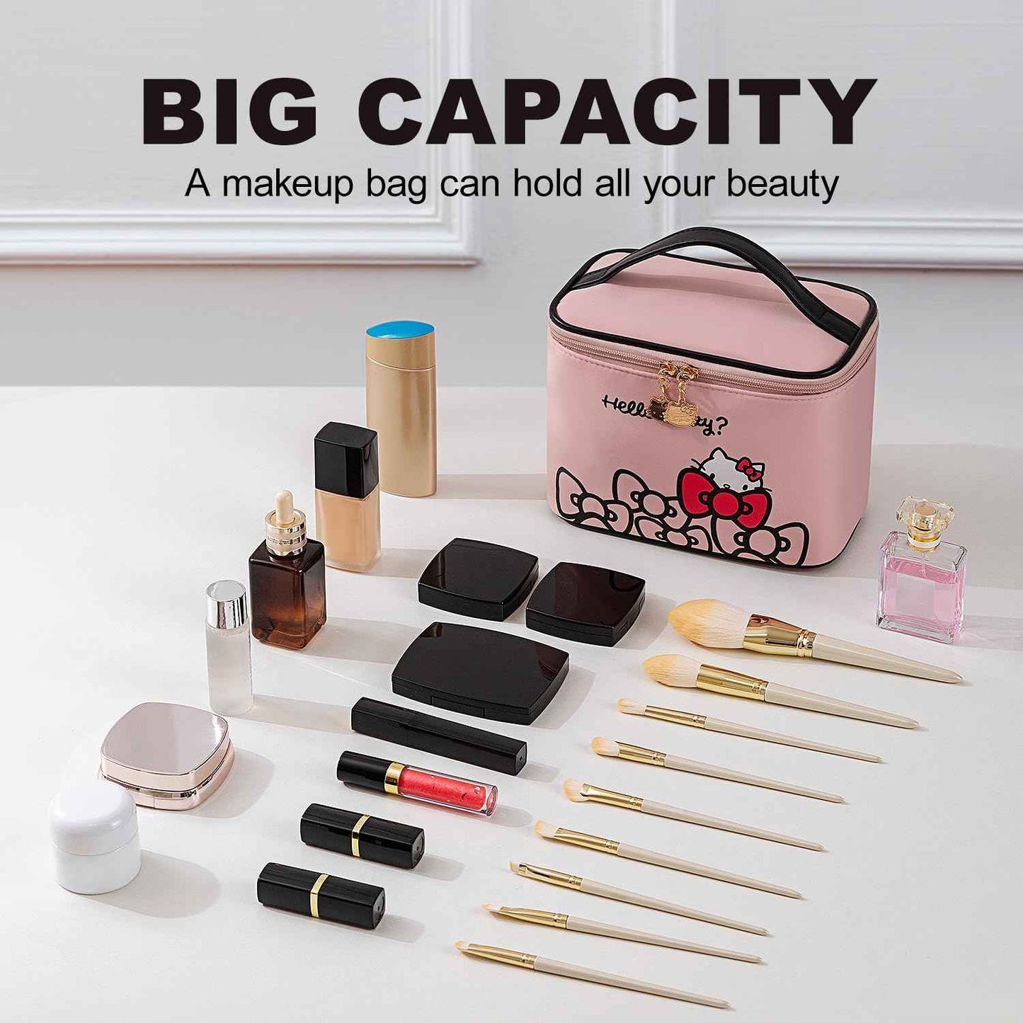 AmBealla Makeup Bag Large Waterproof Cosmetic Bags with Makeup Brush Holder, Cute Printed Makeup Organizer for Women Traveling,Portable Toiletry Bag for Girls