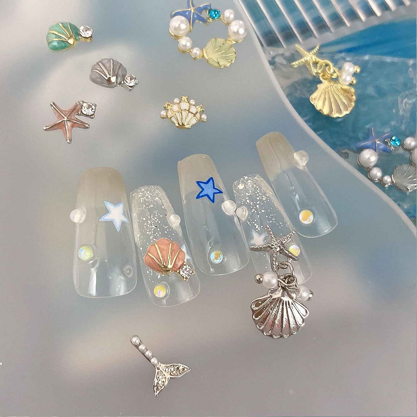 32PCS 3D Summer Beach Art Rhinestones Shell Starfish Fishtail Nail Studs Sea Series Ocean Theme Alloy Nail Charms Supplies for Nail Art Designs DIY Manicure Decoration