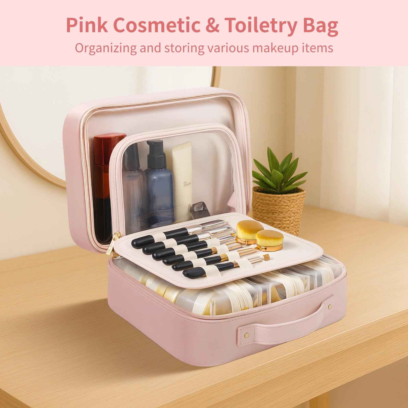 OMISTAR Travel Make Up Bags for Women - 12.2 in Cosmetic Toiletry Bag with Compartments, Long-lasting Waterproof PU Leather with Soft Removable Brush Compartments & Organized Multiple Pockets
