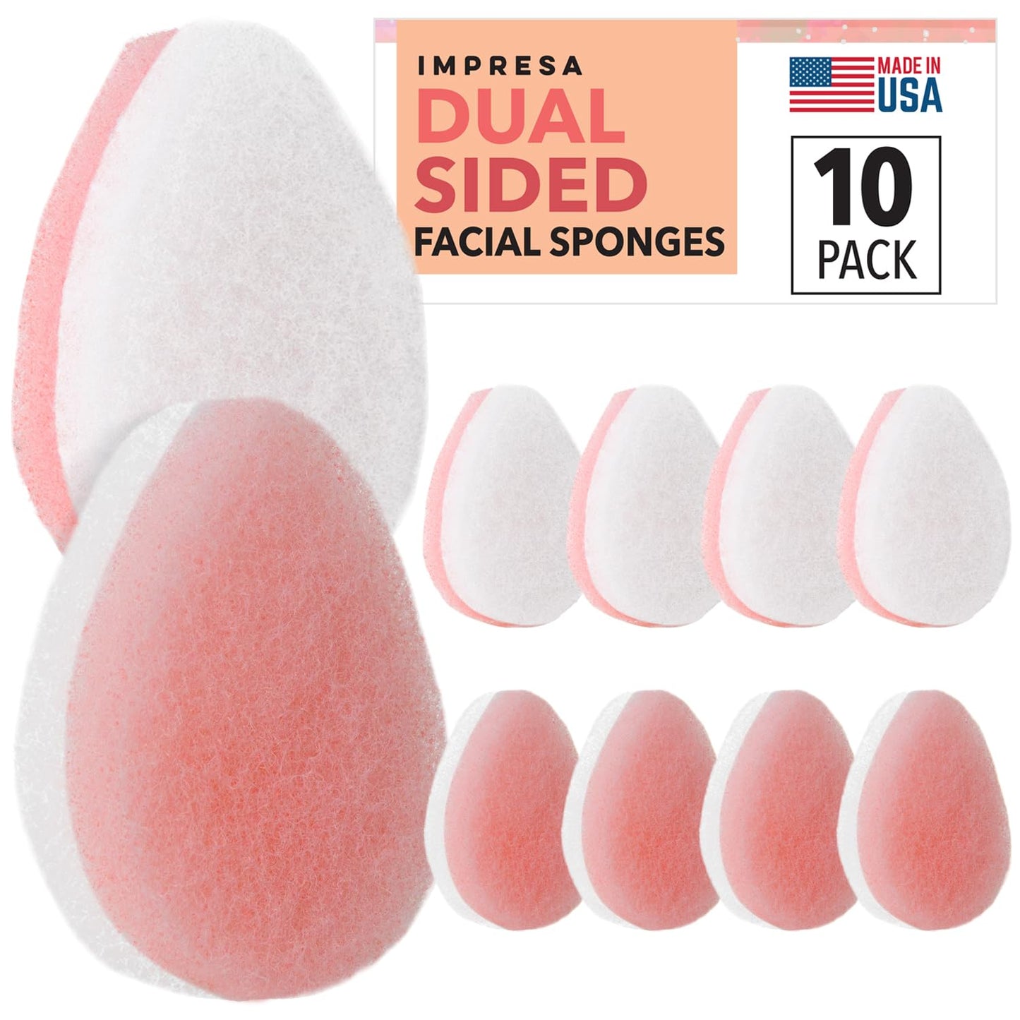 10 Pack Dual Sided Thick Facial Sponge for Daily Deep Cleansing, Gentle and Regular Exfoliating - Buff Facial Sponge Pads for Removing Dead Skin, Dirt, and Makeup - Made in USA (Normal to Oily)