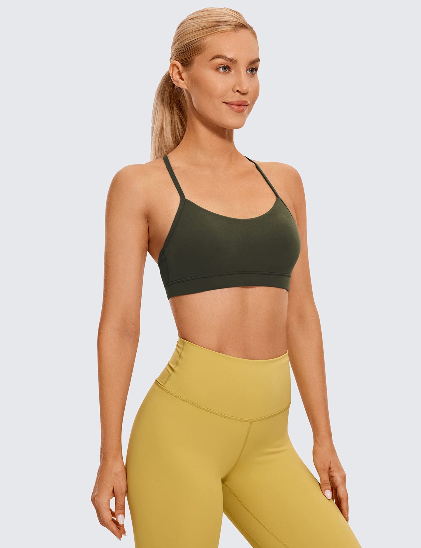 CRZ YOGA Butterluxe Womens Y Back Sports Bra - Padded Racerback Low Impact Spaghetti Thin Strap Workout Yoga Bra Olive Green X-Small