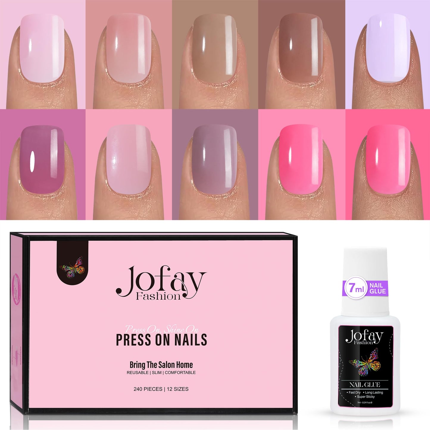 False Nails Tips - Acrylic Nail Tips Jofay Fashion Press On Nail Short Kit Classic Pink Solid Designs Artificial Nails Glue On Stick nails Salon Like Nail Art for Women and Girls 240Pcs