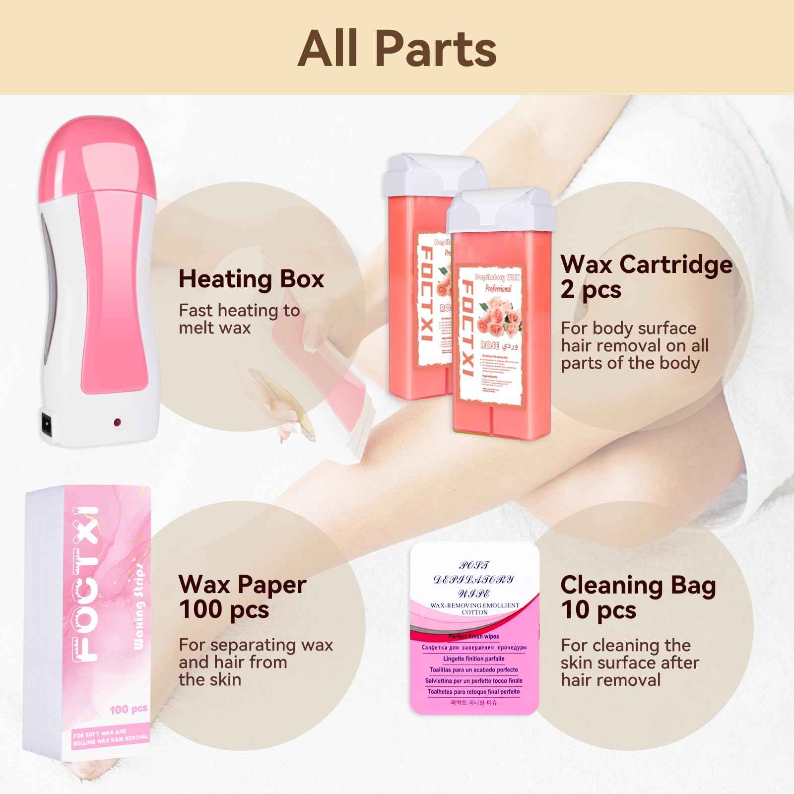 FOCTXI Hair Removal Kit for Hair Removal for Women and Men with Strip, Roll On Wax Kit with 2 Rose Soft Wax Cartridge & 100 Non-Woven Wax Strips, at Home Waxing Kit for Women, Soft, Pink