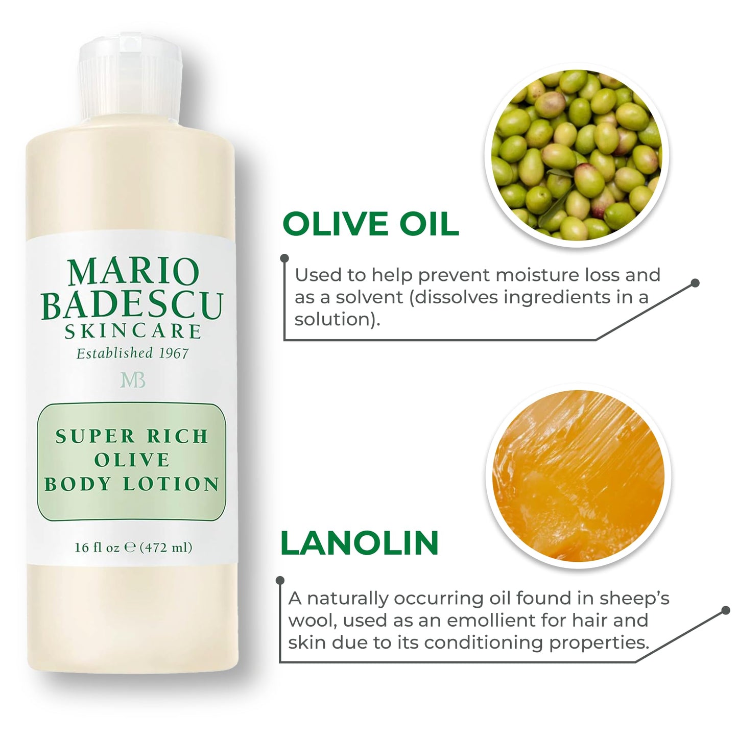 Mario Badescu Super Rich Olive Body Lotion for Dry Skin, Non-Greasy and Creamy Skin Care Moisturizer Infused with Olive Oil, Ideal for All Skin Types, 16 Fl Oz