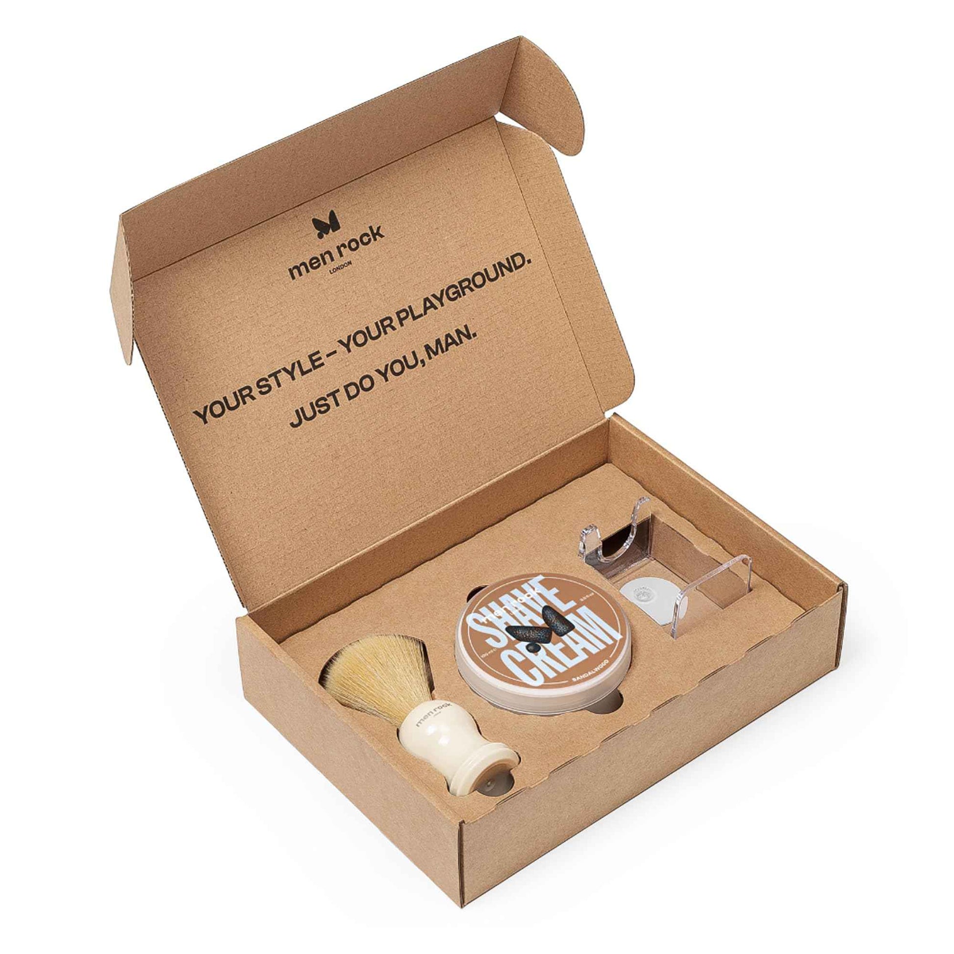 Men Rock The Life Shaver Essential Shaving Kit - Sandalwood - Beard Care Kit for Men - Shaving Cream, Synthetic Brush - Mens Face Care - 3 Pc