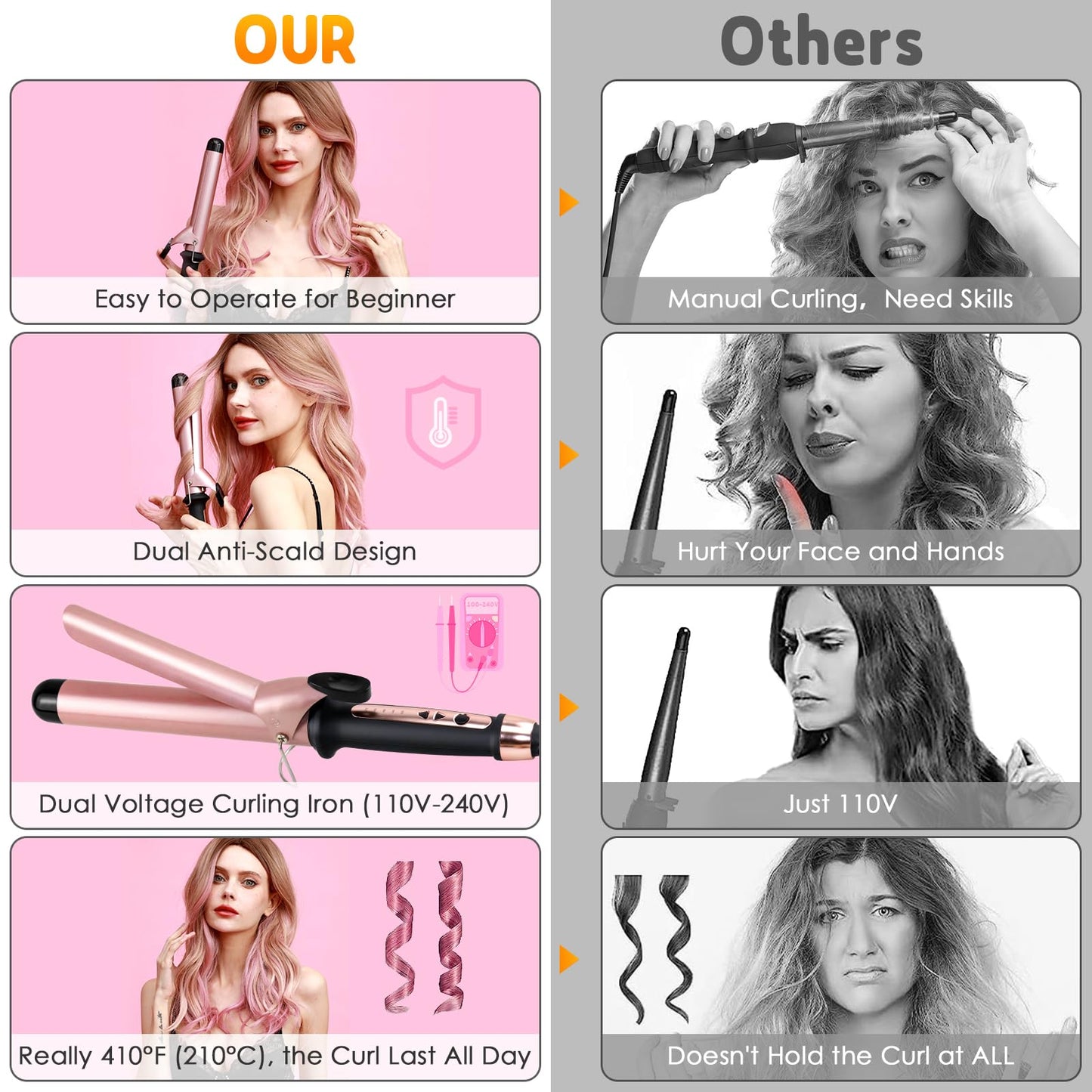 1.25 Inch Curling Iron Curling Wand Ceramic Barrel Curling Iron Dual Voltage Hair Crimper with Adjustable Temperature, 1-1/4″ Clipped Curling Iron for Natural Curls Hair Waving Style Tool -Gold