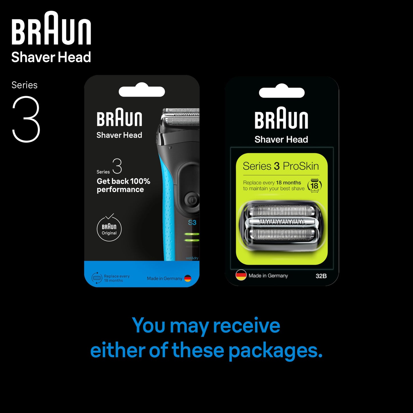 Braun Series 3 Pro Skin Electric Shaver Replacement Head - 32B - Compatible with Electric Razors 3000s, 3010s, 3040s, 3050cc, 3070cc, 3080s, 3090cc