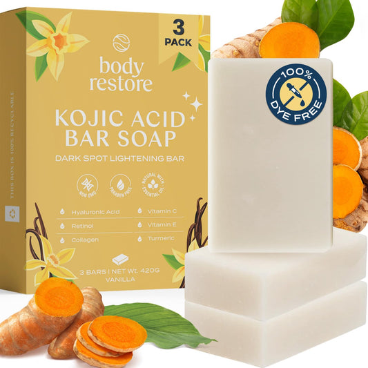 Body Restore Kojic Acid Soap, (Vanilla 3 Pack), with Vitamin C,E, Shea Butter, Collagen, Hyaluronic Acid, Turmeric, Retinol For Dark Spots, All Natural Soap Bar, Paraben Free