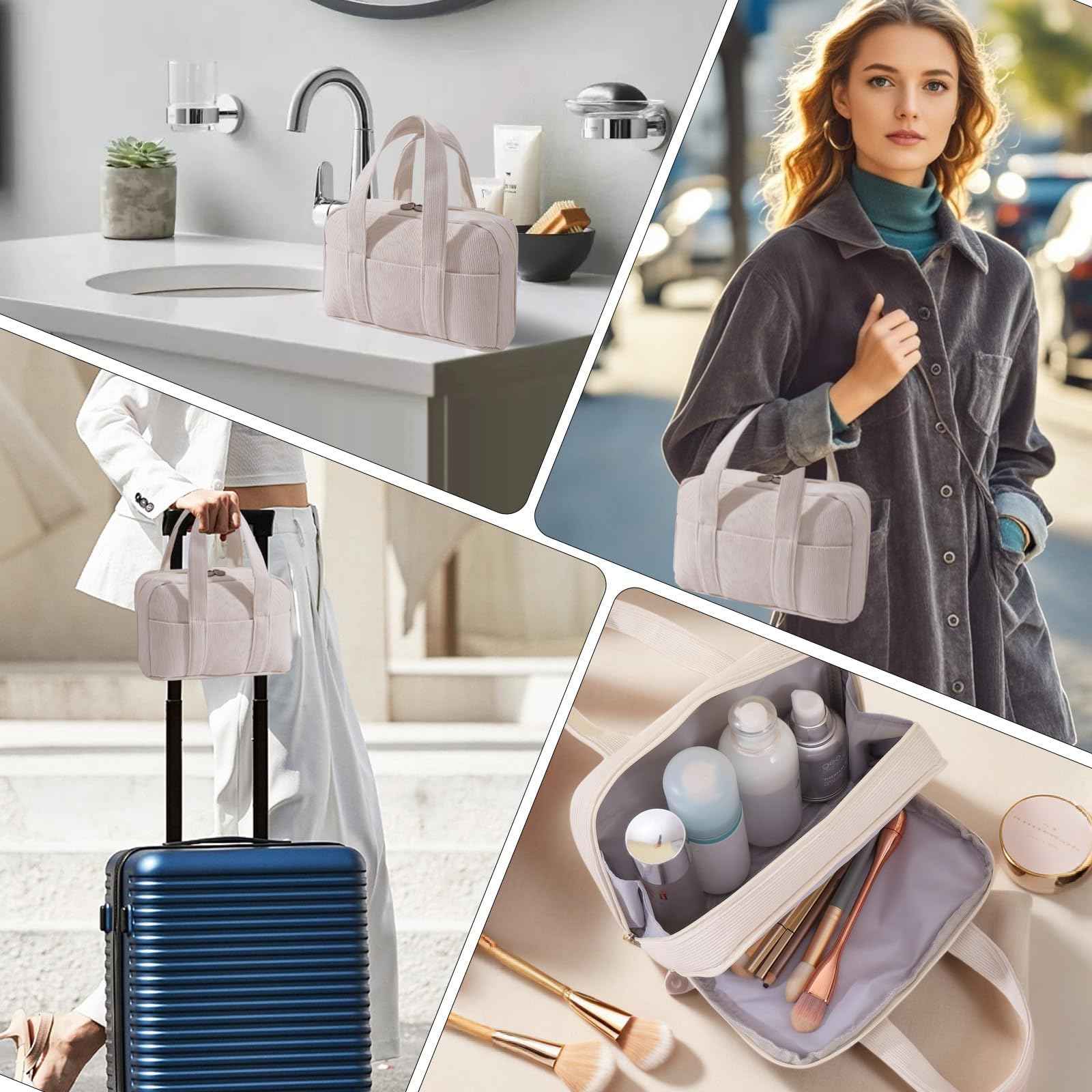 LYDZTION Makeup Bag, Makeup Organizer Small Travel Toiletry Bags for Women, Cosmetic Bag Cute Corduroy Makeup Travel Bag, Beige