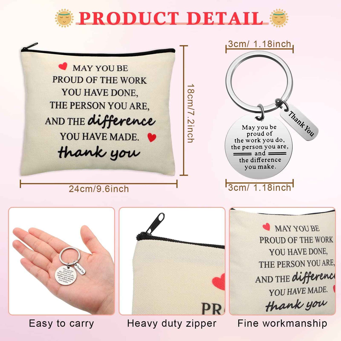 Geosar 16 Pcs Employee Appreciation Gifts Bulk Thank You Gifts for Women with 8 Inspirational Makeup Bags and 8 Thank You Keychains for Nurse Medical Assistant Grandmother Teachers Coworkers Staff