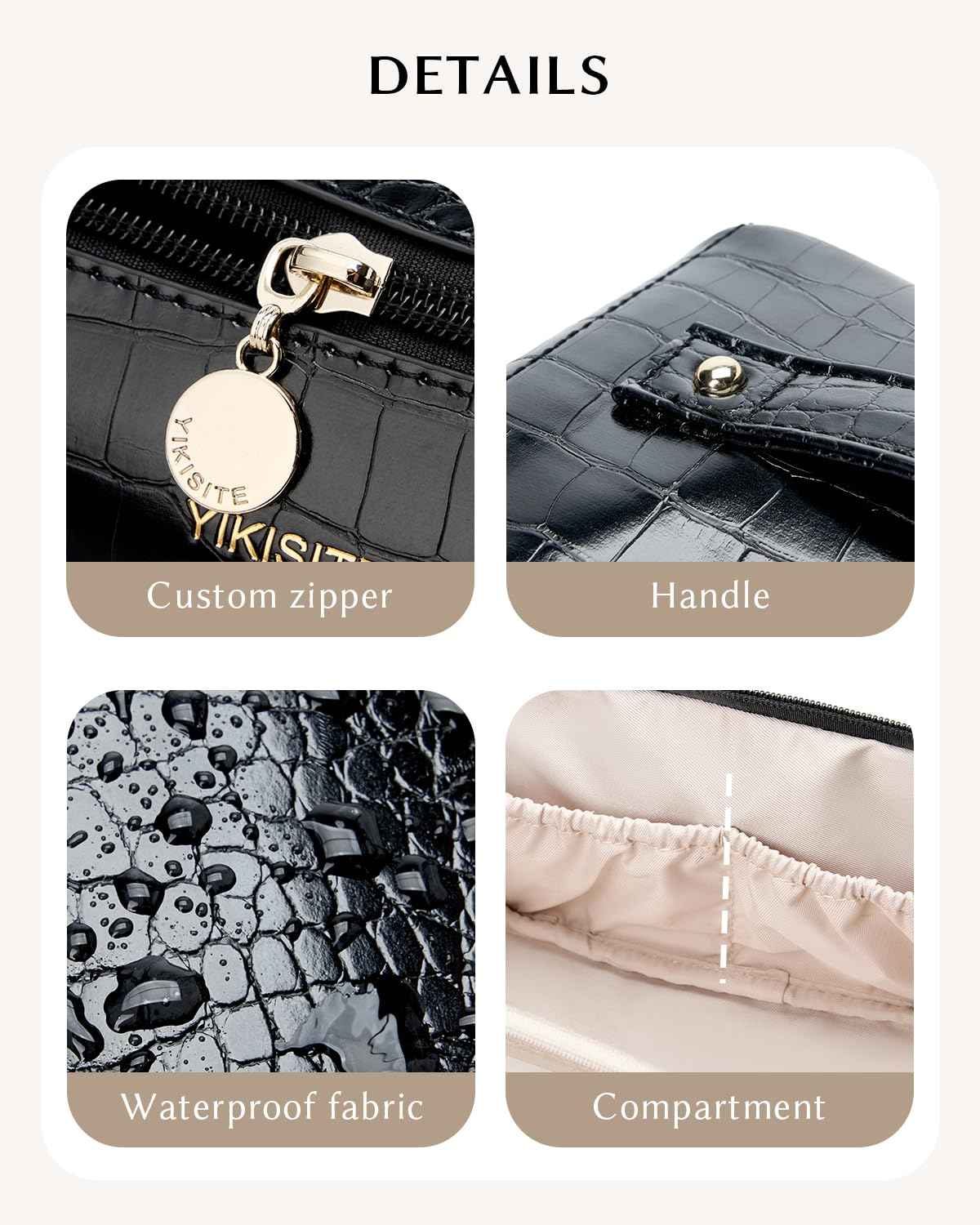 Yikisite Make Up Bag, Cosmetic Organizer for Women, Waterproof Croc PU Leather Makeup Organizer with Divider and Handle Toiletry Bag Travel Bag (Croc Embossed, Black)