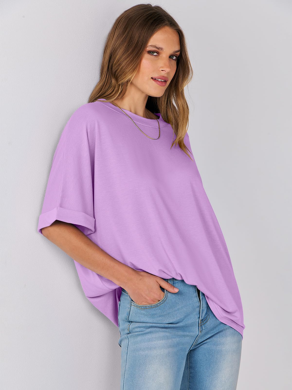 ANRABESS Women's Oversized T Shirts Short Sleeve Crewneck Summer Tops Casual Loose Basic Tee Shirts 2024 Trendy Clothes Lilac Small