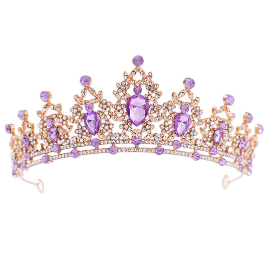 FORSEVEN Crystal Tiaras for Women, Wedding Tiaras and Crowns for Women Tiaras for Girls Birthday Party Princess Crown Hair Accessories Bride Rhinestone Headbands (Gold+Light Purple)