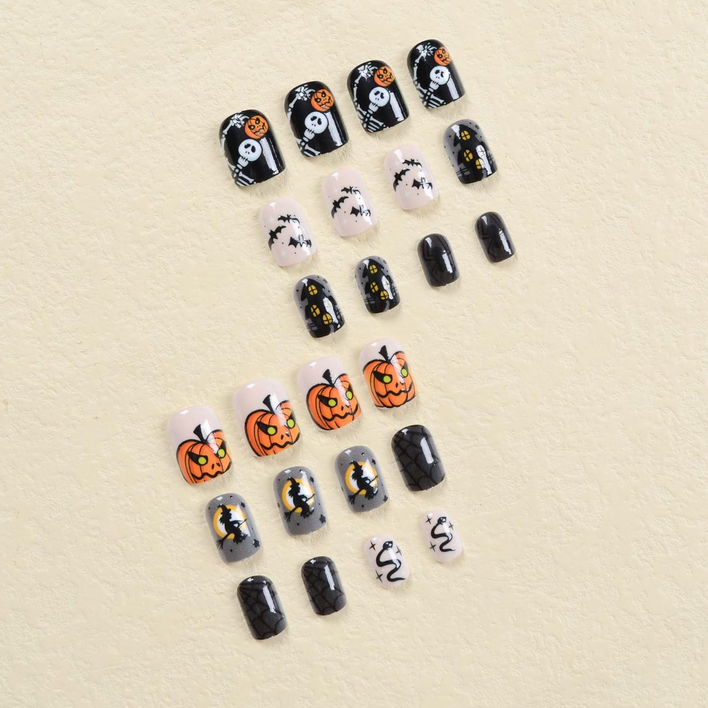 Short Fake Nails Halloween Press on Nails Square False Nails Pumpkin Skull Snake Spider Web Artificial Acrylic Nails Full Cover Stick on Nails Cute Halloween Glue on Nails for Women Girls 24Pcs