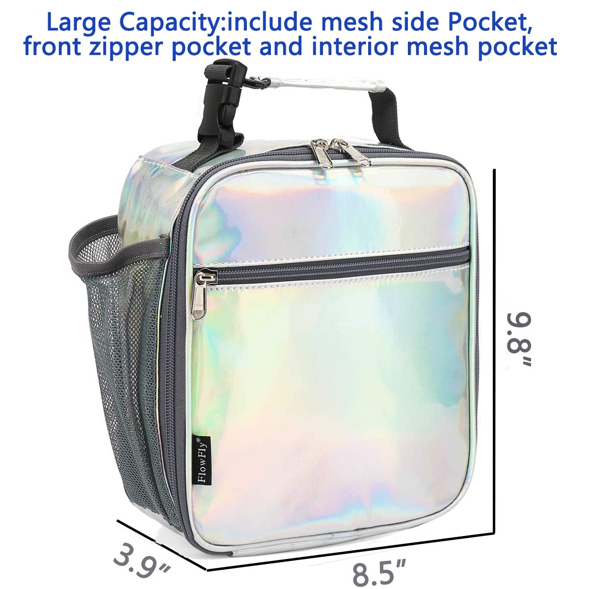 FlowFly Kids Lunch box Insulated Soft Bag Mini Cooler Back to School Thermal Meal Tote Kit for Girls, Boys(Holographic)