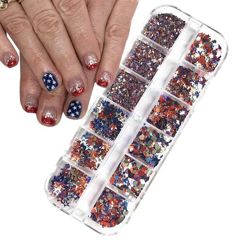 4th of July Nail Art Glitter Powder 3D Holographic Independence Day Nail Art Flakes Sequins Hollow Out Star Hexagon Design American Flag Nail Powder 4th of July Glitter Makeup DIY Manicure Decoration