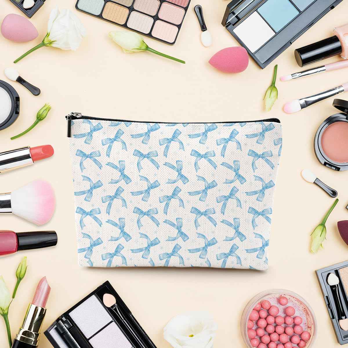 LONGXIN Coquette Makeup Bag Trendy Teen Girls Gifts Blue Bow Pouch Bag Gift for Women Aesthetic Cosmetic Bag Preppy Stuff Trendy Preppy Makeup Bag Funky Zipper Travel Toiletry Bag