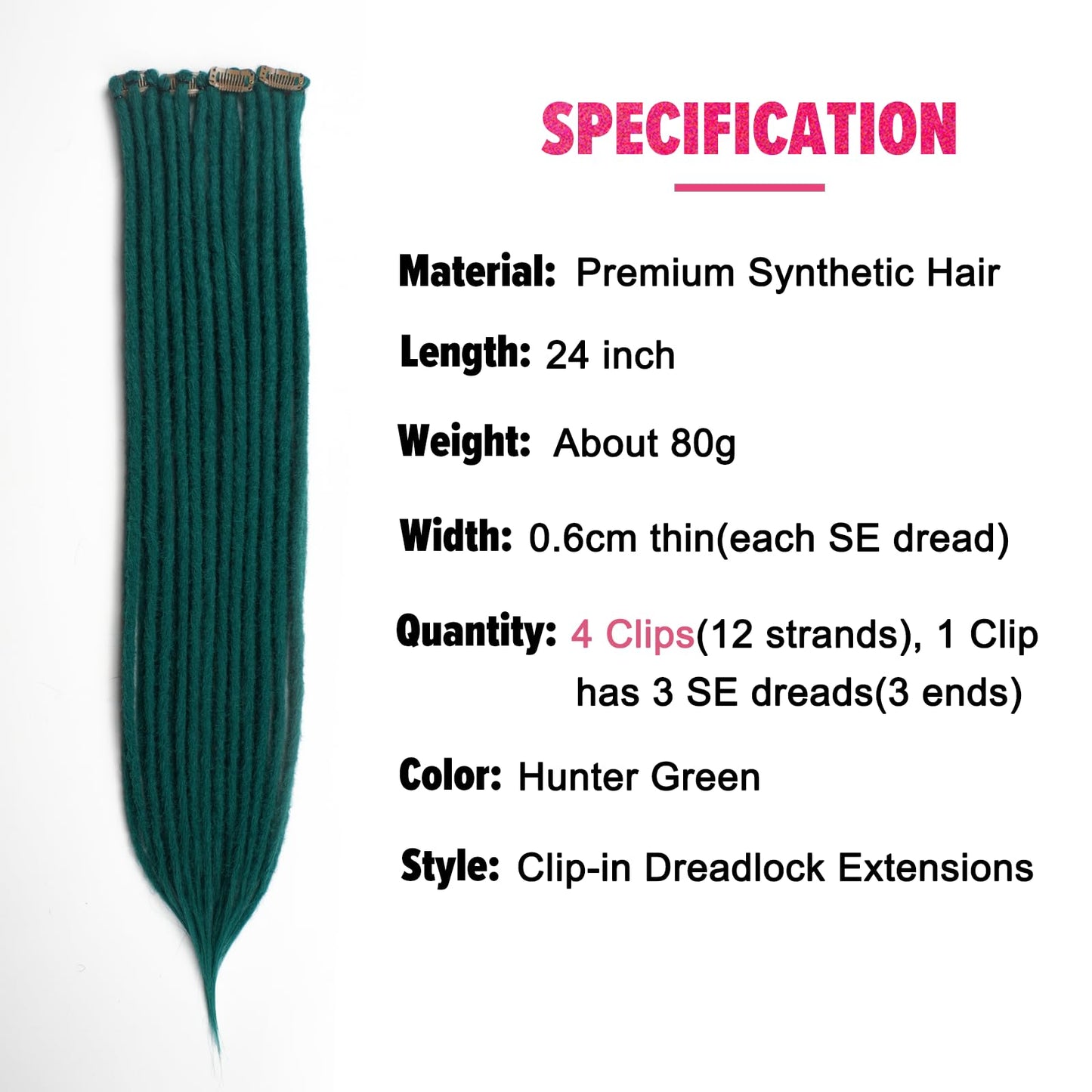 Kyriena Green Clip In Dreadlock Extensions, 4PCS Synthetic Clip in Dreadlocks Hair Extension, Thin 0.6cm Reggae Hippie Fake Dreads for Women