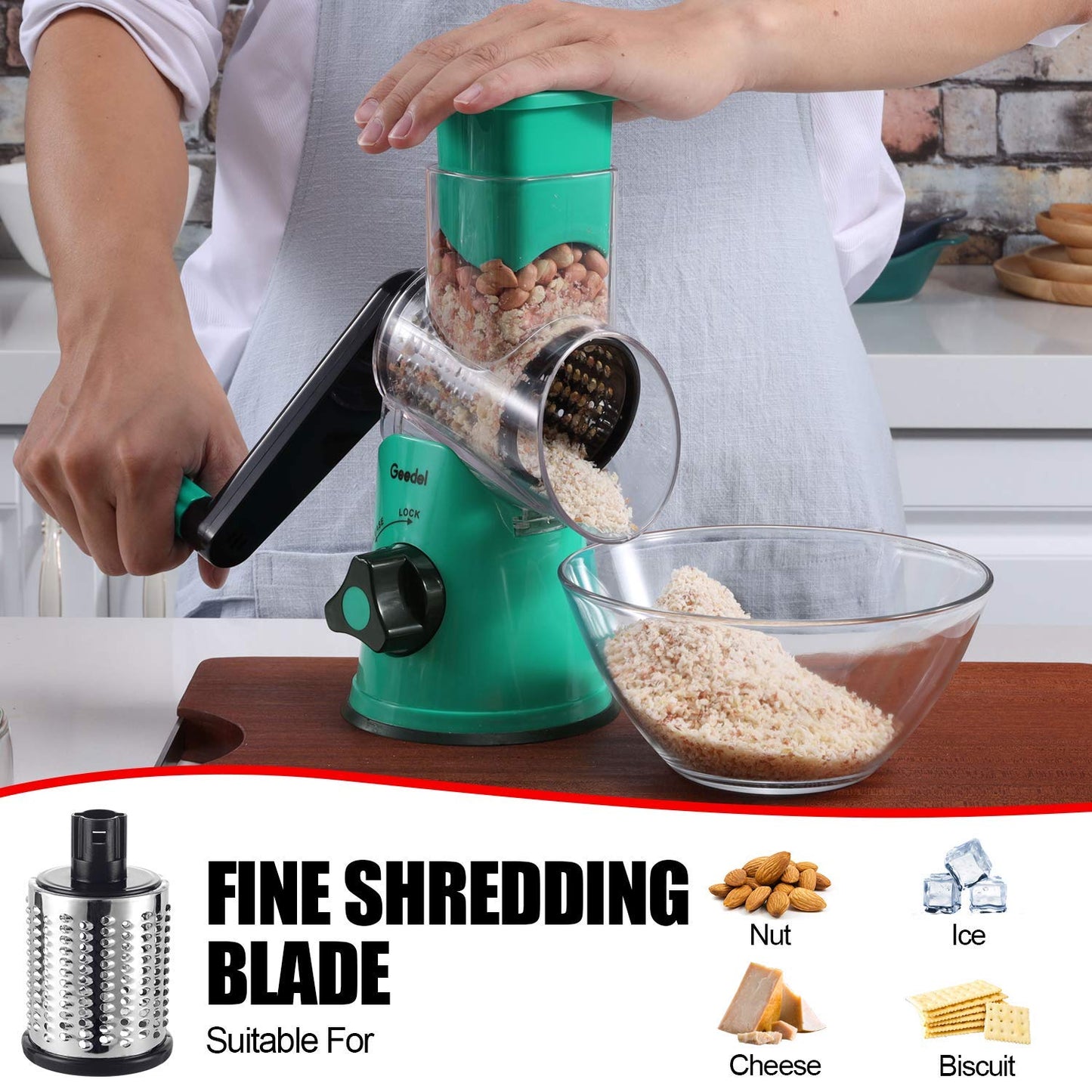 Geedel Rotary Cheese Grater with 3 Interchangeable Blades, Kitchen Mandoline Vegetable Slicer for Fruit, Nuts , Easy to Clean