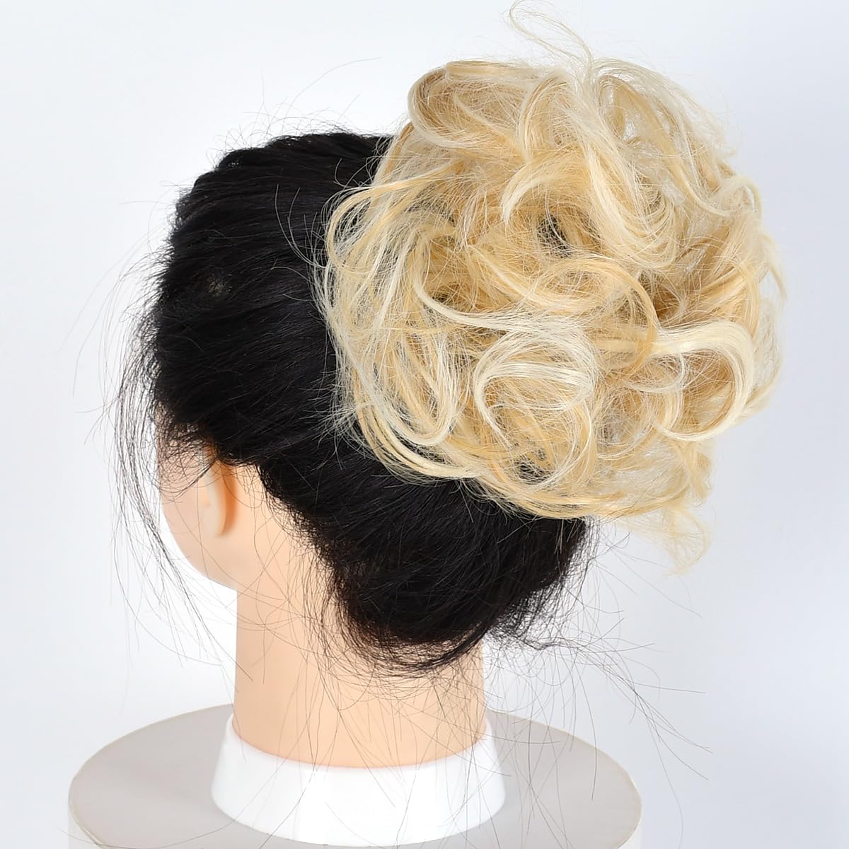 Messy Hair Bun Curly Wavy Chignon Ponytail Donut Hair Pad Elastic Hair Rope Rubber Band Synthetic Hairpiece Honey Blonde & Bleach Blonde Highlights 30H621