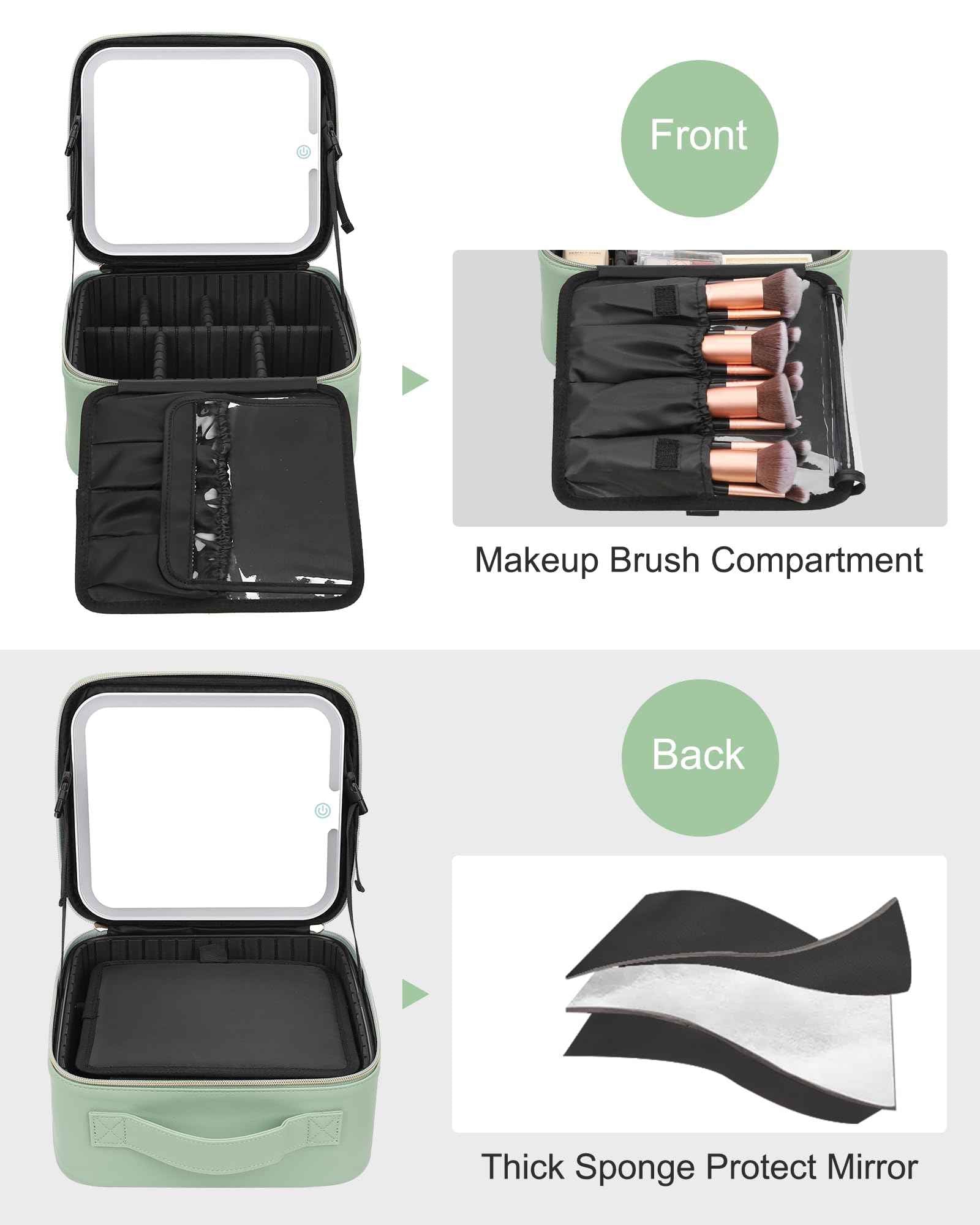 Relavel Makeup Bag With Light Up Mirror, Travel Cosmetic Case With Brush Organizer Storage Box, Rechargeable Vanity With 3 Color Lights, High Frame Protection (Green)