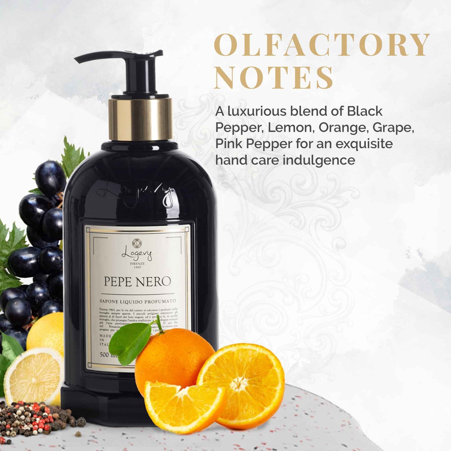 Logevy Pepe Nero Liquid Hand Soap – Mood Boosting Fragrance Made from the Best Skin-Friendly Ingredients Rich in Nutritional Properties for Hydrating and Soothing Action – 500ml