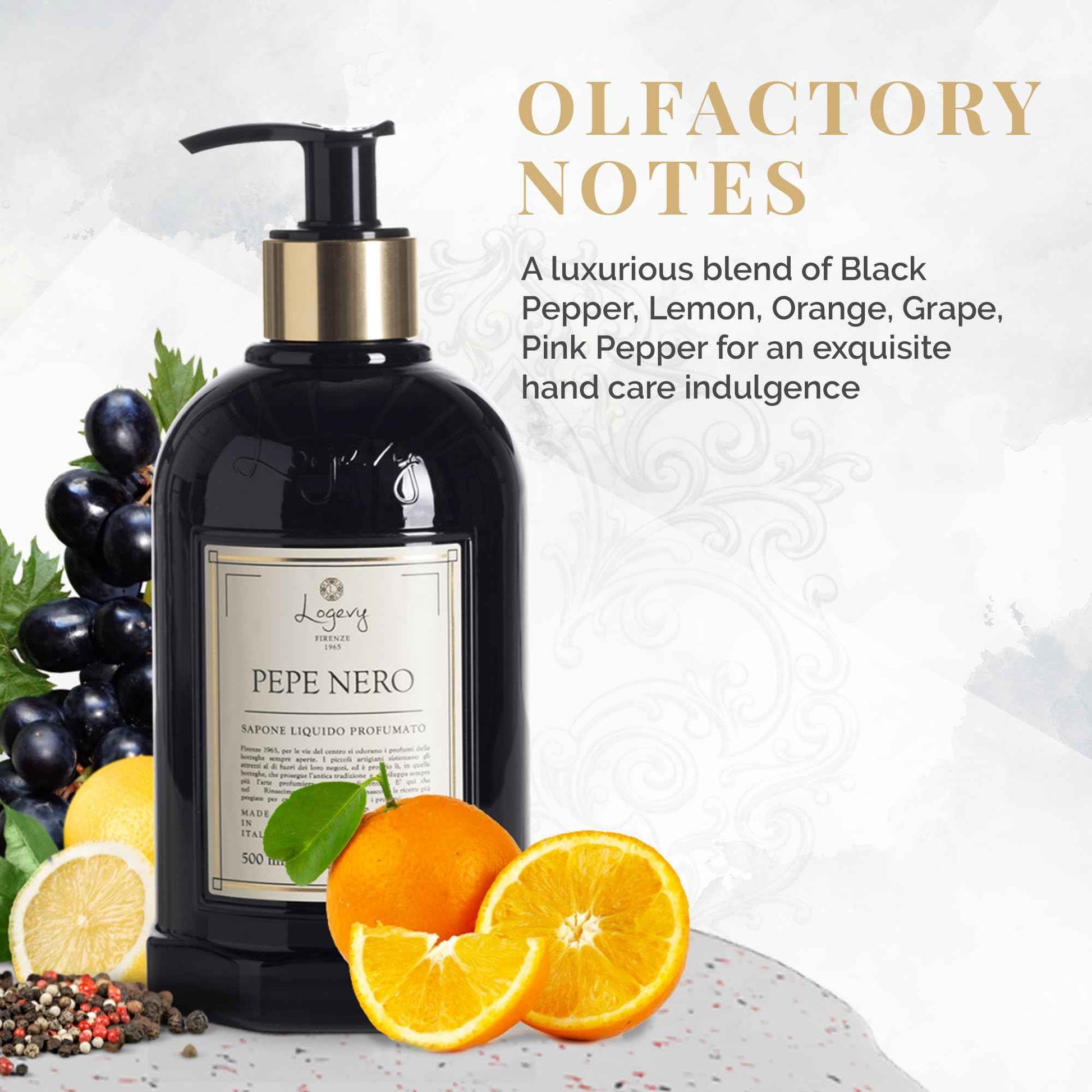 Logevy Pepe Nero Liquid Hand Soap – Mood Boosting Fragrance Made from the Best Skin-Friendly Ingredients Rich in Nutritional Properties for Hydrating and Soothing Action – 500ml