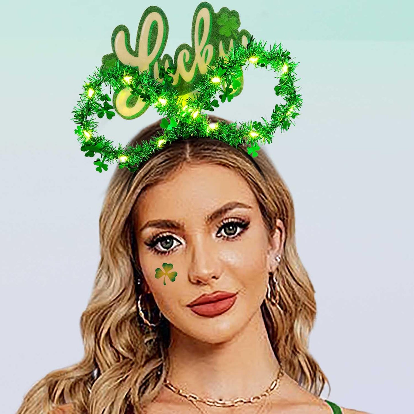 Aksod Light Up St Patricks Day Headband Green Shamrock Headpiece Glitter Lucky Clover Hair Accessories for Women (Style D)