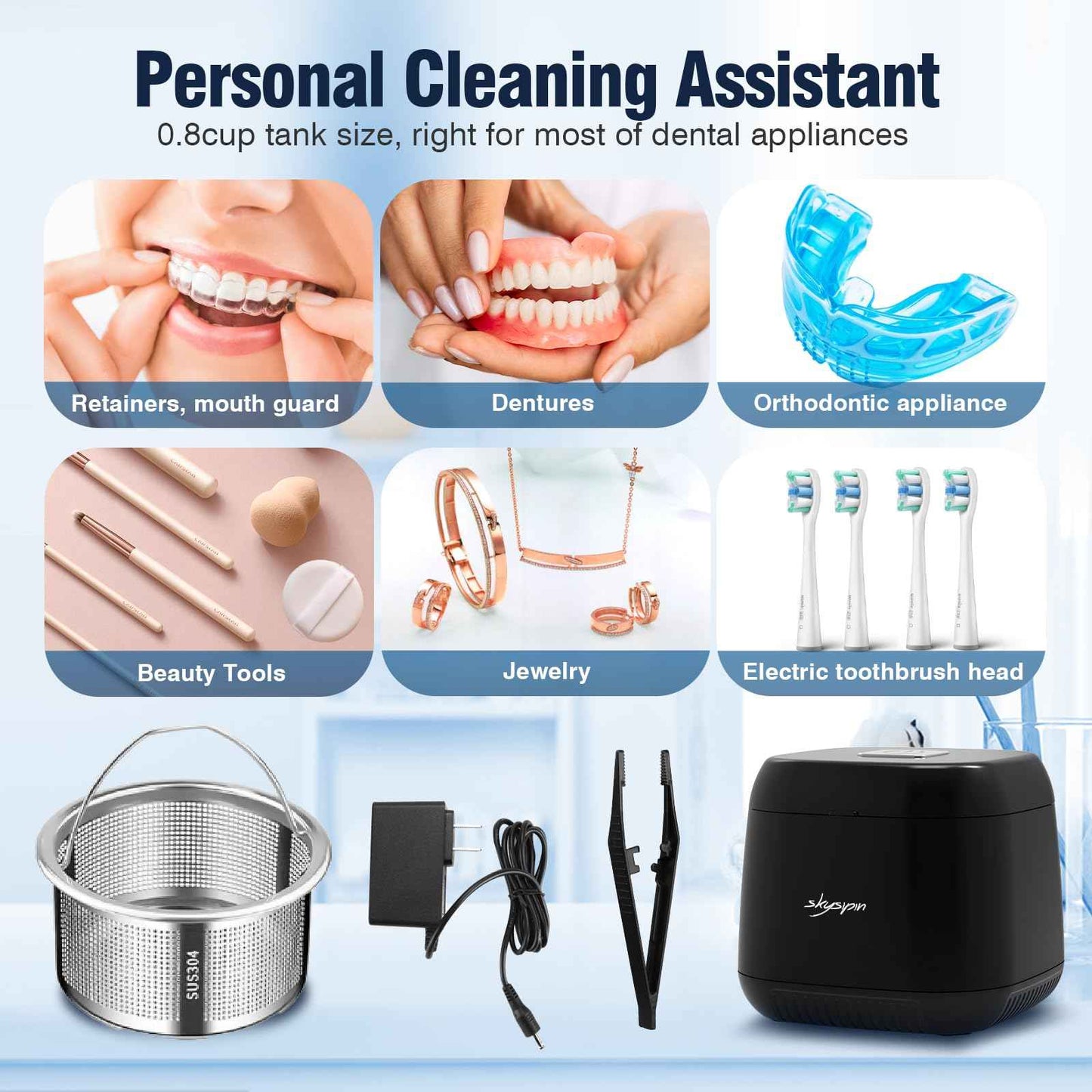 Skysipin Ultrasonic Retainer Cleaner Machine U-V, 45KHz 2 Modes Quiet, Denture Aligner Cleaner Mouth Guard Dental Cleaning Ultrasonic for All Dental Appliances, Jewelry 6.8oz Black