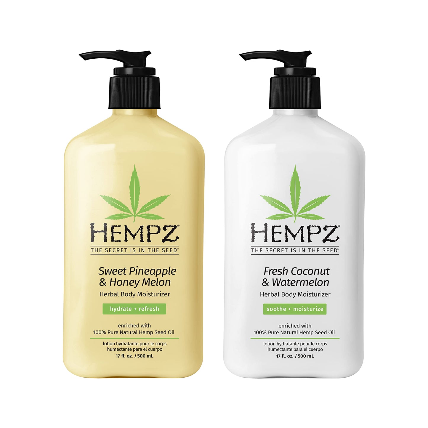 Hempz Body Lotion - Sweet Pineapple & Honey Melon + Coconut & Watermelon Daily Moisturizing Cream, Shea Butter, Aloe - Skin Care Products, Hemp Seed Oil - 17 fl oz, 2-Pack Bundle