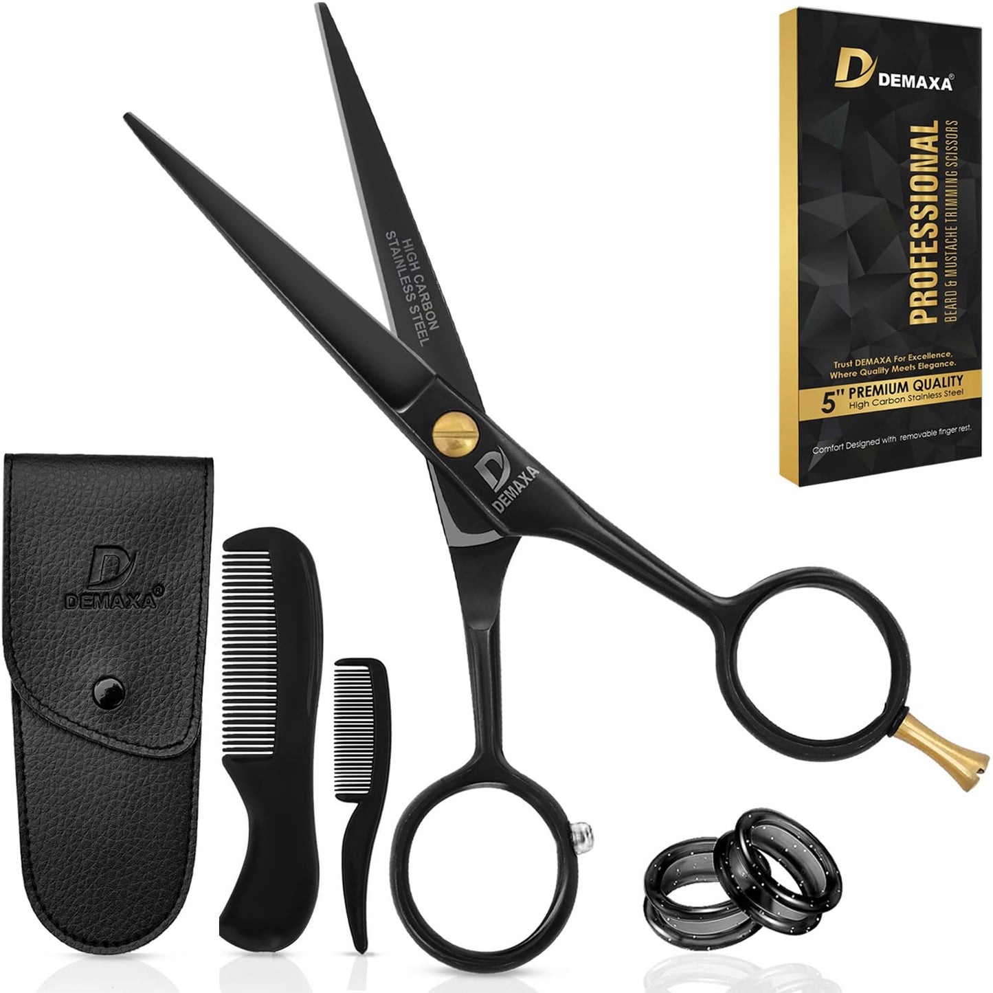 DEMAXA 5" Professional Beard Mustache Scissors with 1 Mustache Comb, 1 Beard Comb & Soft Pouch – Prefect Beard Trimming Scissors for All Facial Hair Scissors – Grooming Scissors Men (Black)