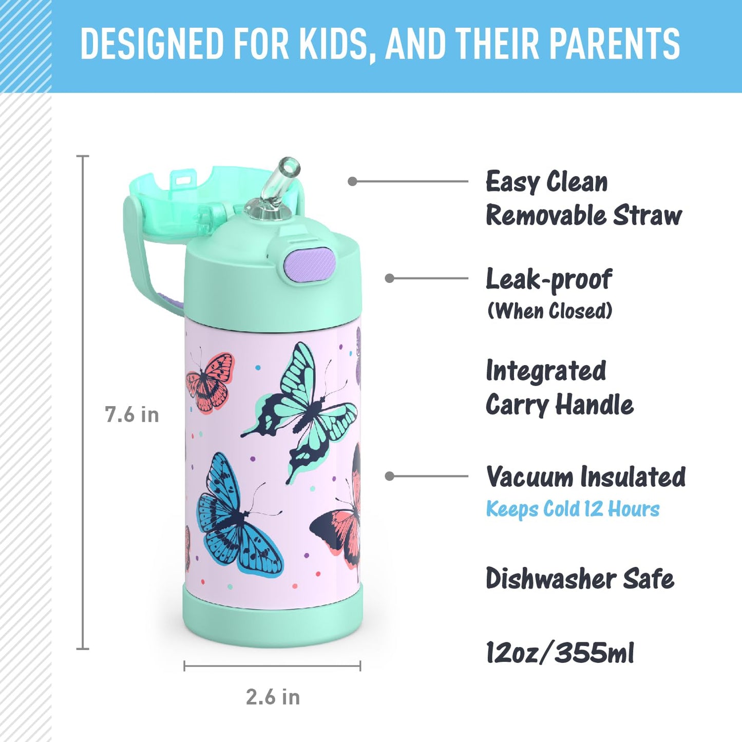 THERMOS FUNTAINER Water Bottle with Straw - 12 Ounce, Butterfly Frenzy - Kids Stainless Steel Vacuum Insulated Water Bottle with Lid