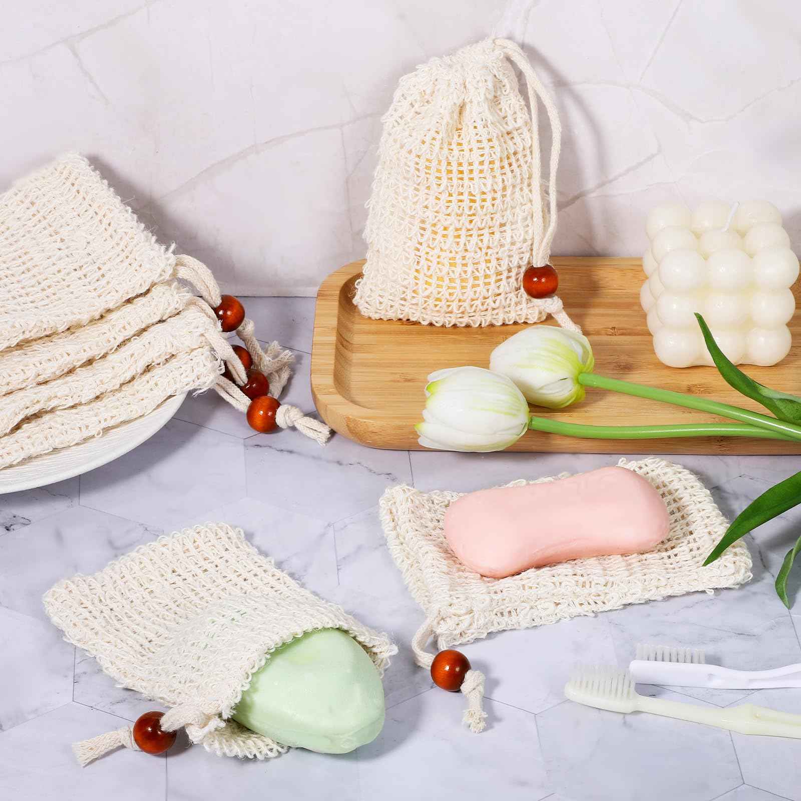 50 Pack Soap Saver Bags, Natural Cotton Linen Mesh Soap Bag with Drawstring for Exfoliating, Foaming, and Drying, Bar Pouch for Bath and Shower Use (3.5x5.5 Inch)