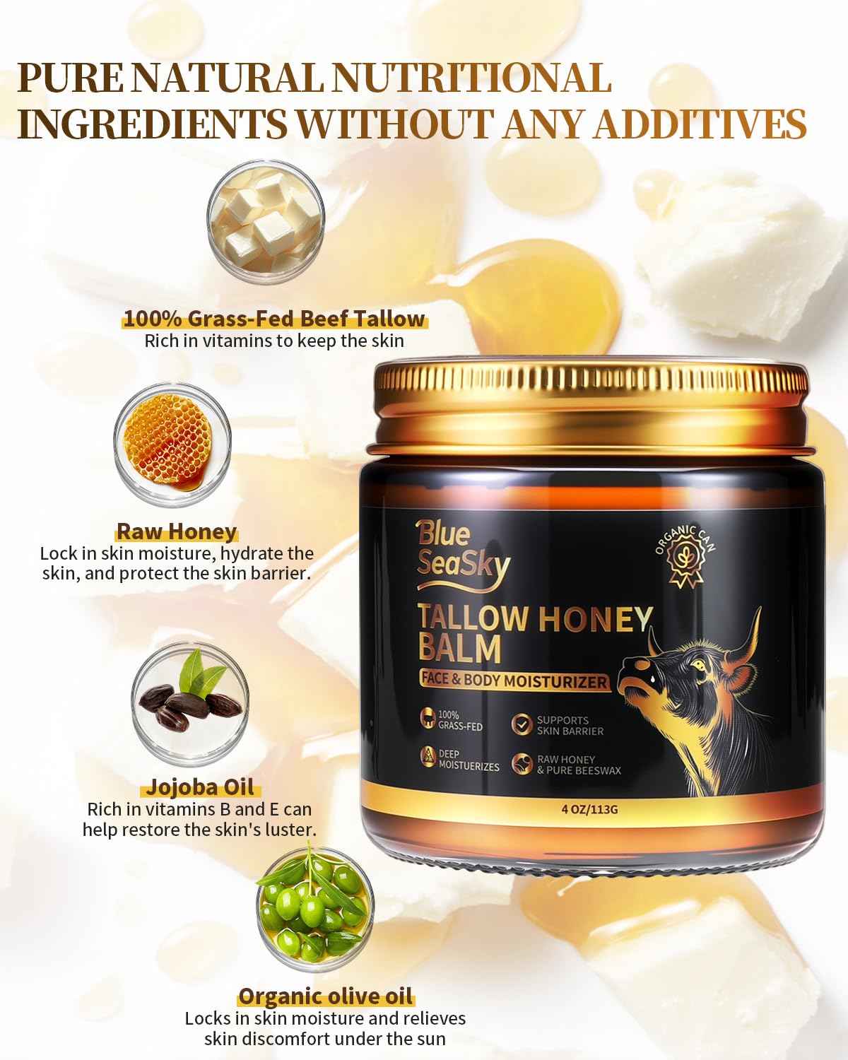 Upgraded Beef Tallow for Skin Handmade Whipped Organic Grass-Fed Tallow Balm with Raw Wild Honey for Eczema & Rosacea,Non-Comedogenic Face,Body Moisturizer for Dry, Sensitive Skin - 4oz Unscented