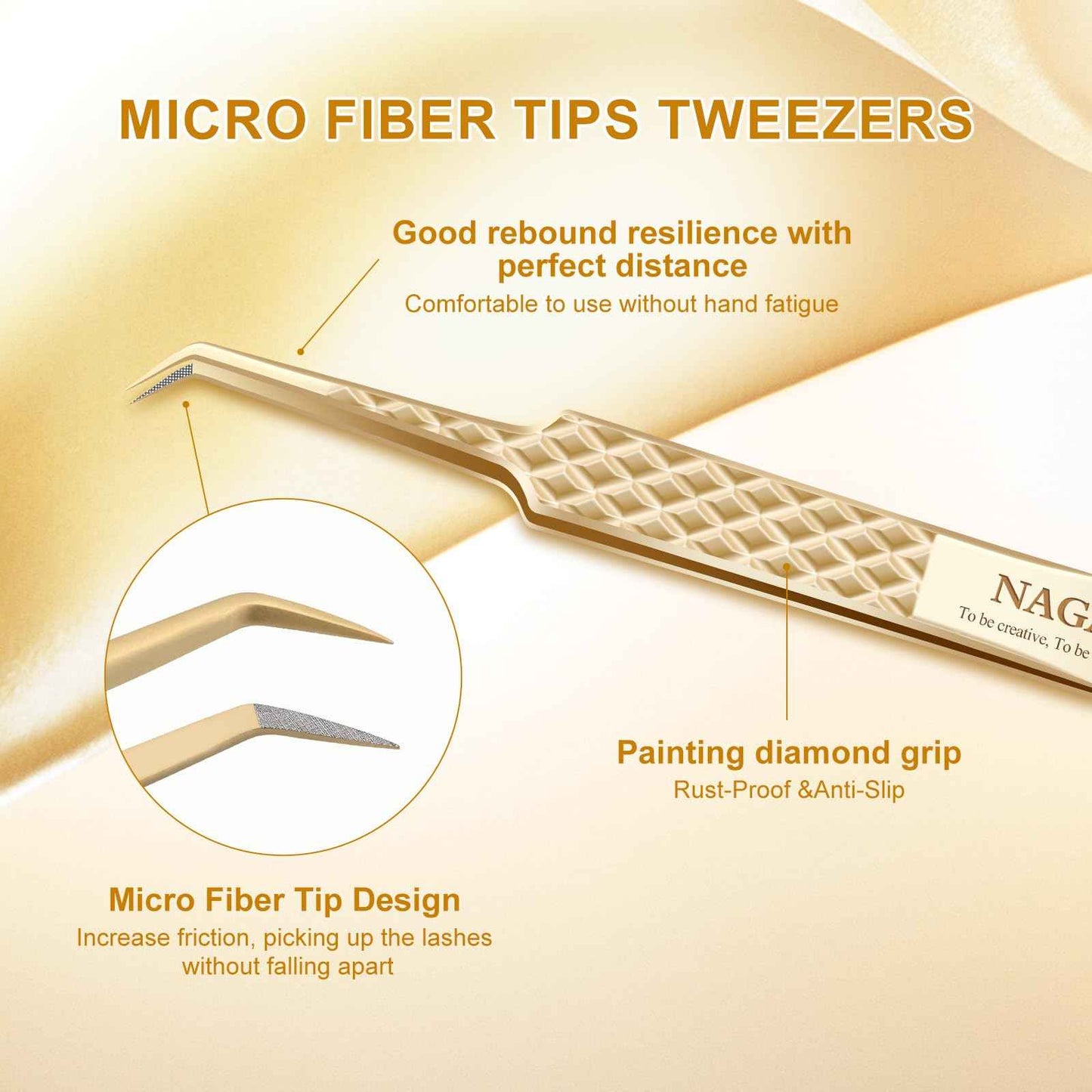 NAGARAKU Precision Fiber Tip Tweezer for Eyelash Extensions Diamond Grip Anti-Static Anti-Slip Premium Gold Stainless Steel Curved Volume Eyelashes Tweezers Supplies with Box(45 Degree Tweezer AG-07)
