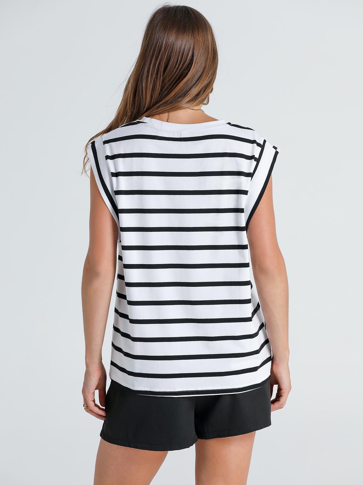 WIHOLL Summer Tops for Women 2024 Dressy Casual Black and White Striped Shirt Cute Clothes Cap Sleeve T Shirts Spring Outfits Tank Top Trendy S