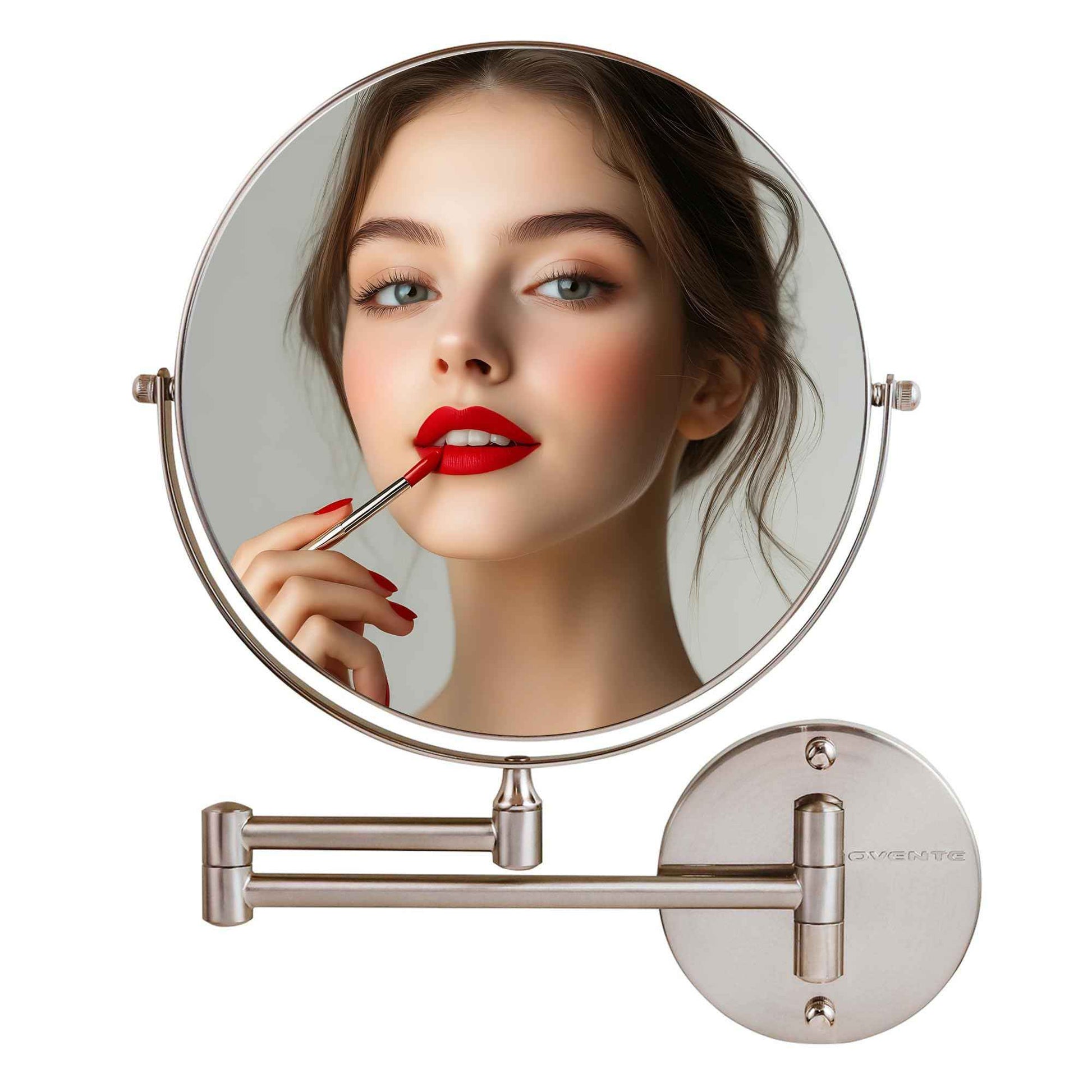 OVENTE 9" Wall Mounted Makeup Mirror with 1X/10X Magnification, Double Sided Magnifying Round Bathroom Vanity Mirror, 360° Swivel Design, Extendable and Folding Arm, Nickel Brushed MNLFW90BR1X10X