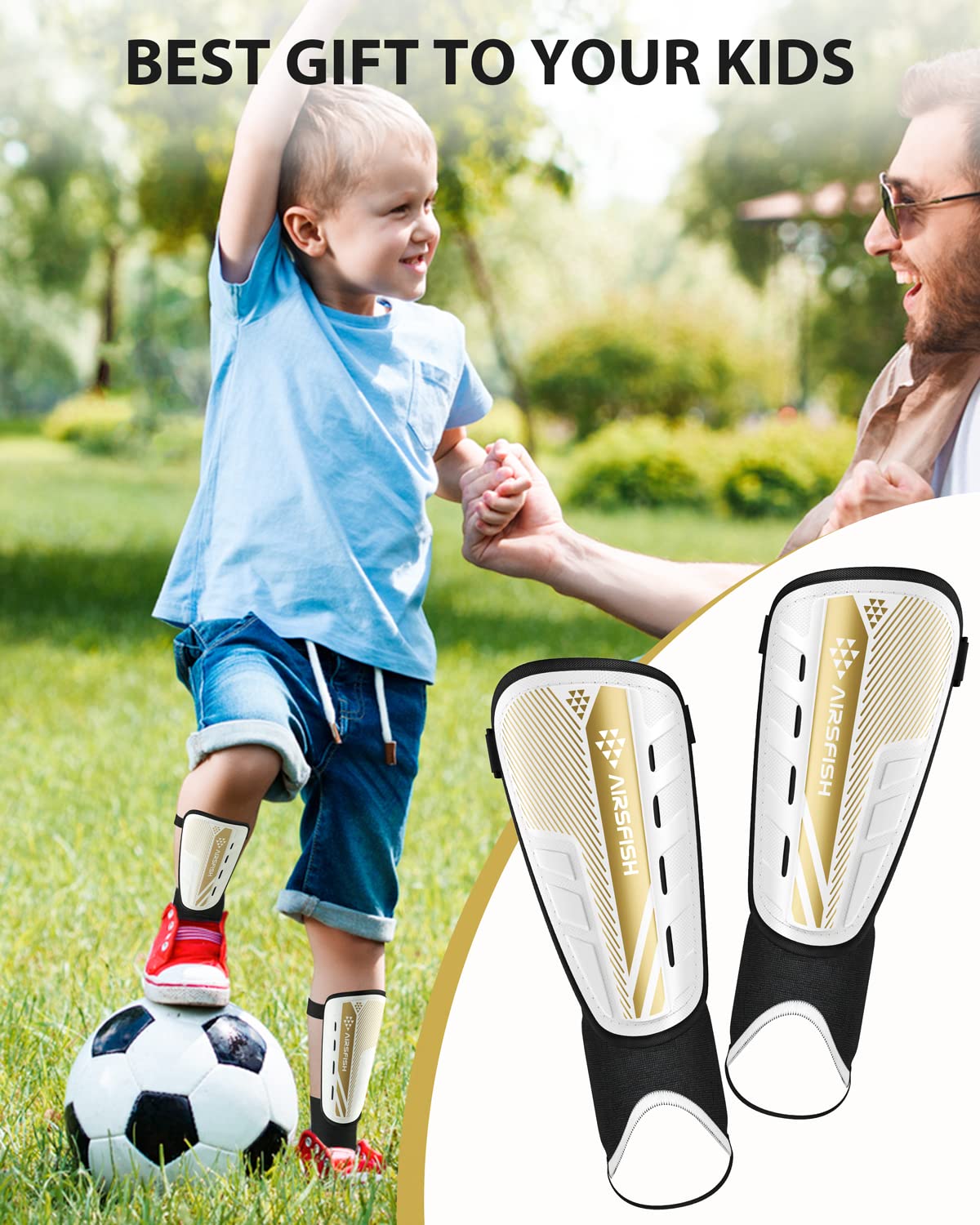 Upgraded Soccer Shin Guards for Kids Youth Adults, CE Certified AirsFish Shin Guard Sleeves Protection Gear for Boys Girls Soccer Games EVA Cushion Reduce Shocks and Injuries (X-Small, White+Gold)