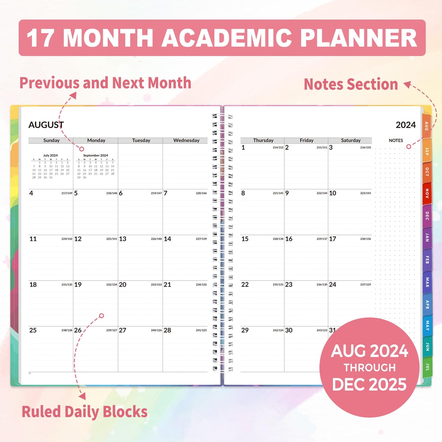 SUNEE Academic Planner 2024-2025 Weekly and Monthly - from August 2024 - December 2025, 8.5"x11" School Year Calendar Daily Planner with Monthly Tab, Flexible Cover, Note Pages, Pockets, Bookmark,