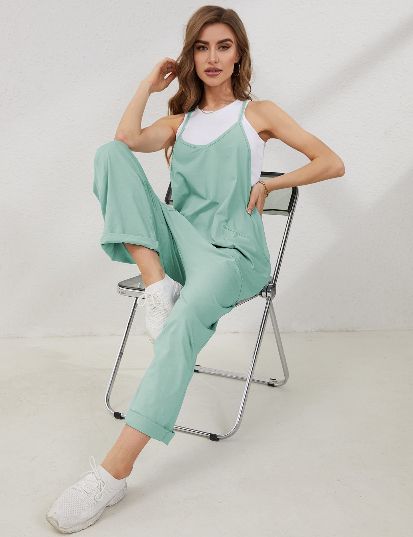 Lentta Women's Causal Jumpsuits V Neck Sleeveless Harem Overalls Stretchy Adjustable Strap Romper with Pockets(Teal-S)