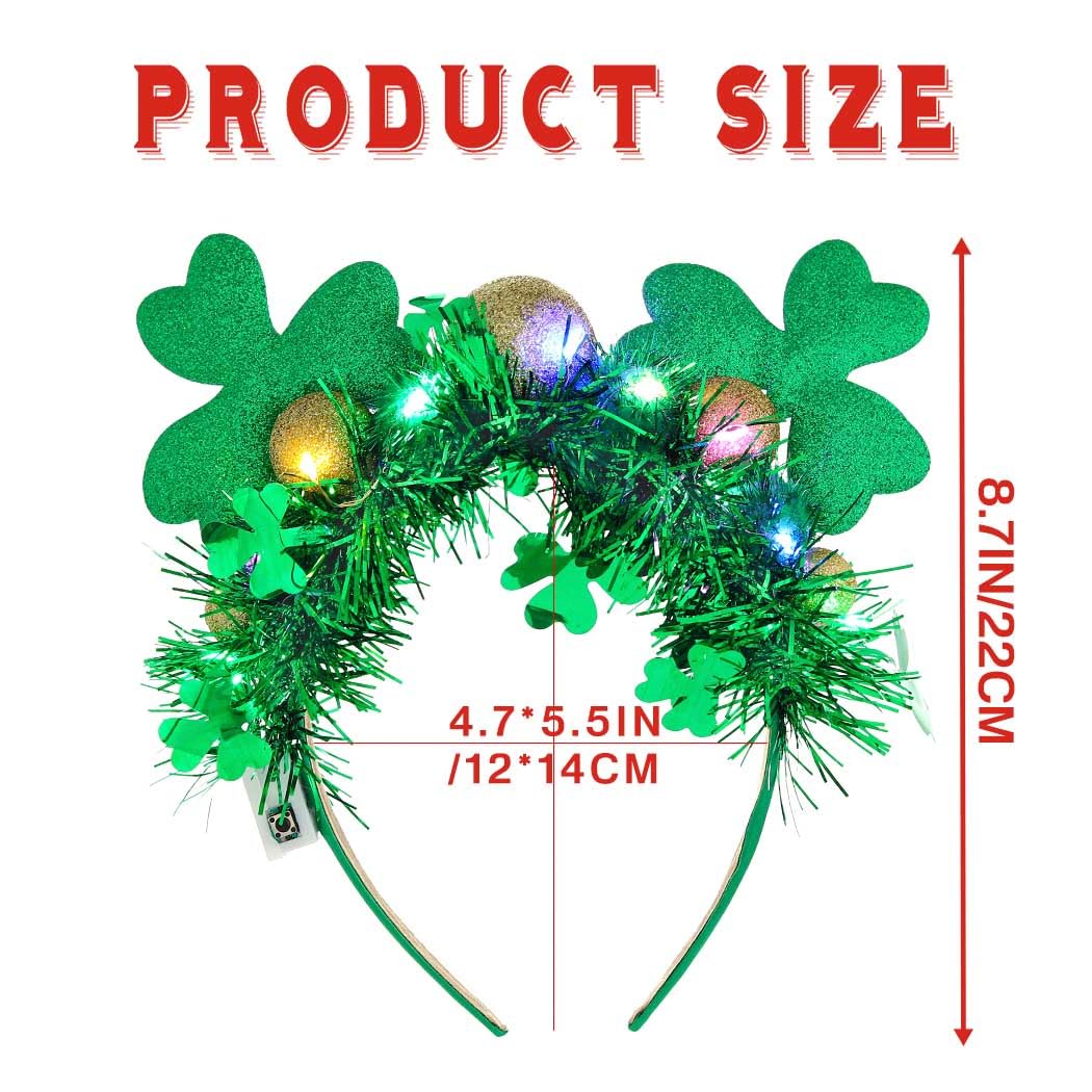 Aceorna Light Up St Patricks Day Headbands Led Green Mouse Ear Hairbands Clover Bow Hair Hoop Foil Irish Headpiece for Women (C)