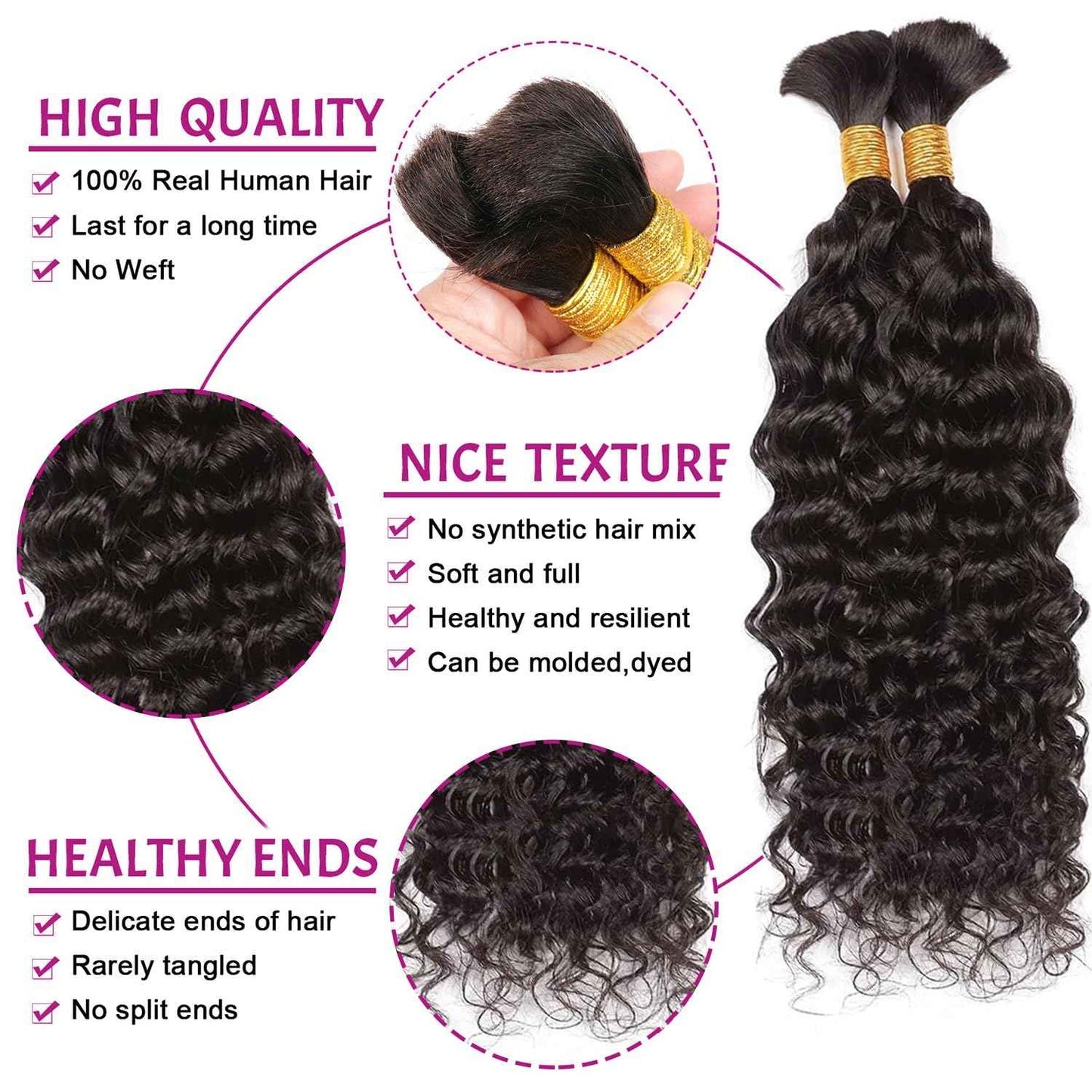 Human Braiding Hair For Boho Braids Deep Water Wave Bulk Human Hair for Braiding 12A Wet and Wavy Curly 100% Human Hair Extensions 1 Bundle 50g Natural Color 24inch