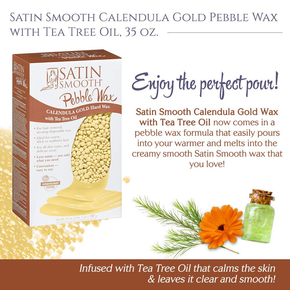 Satin Smooth Calendula Gold Pebble Wax | Hard Wax with Tea Tree Oil | Ideal for All Skin Types And Coarse, Stubborn Hair | 35 Oz.