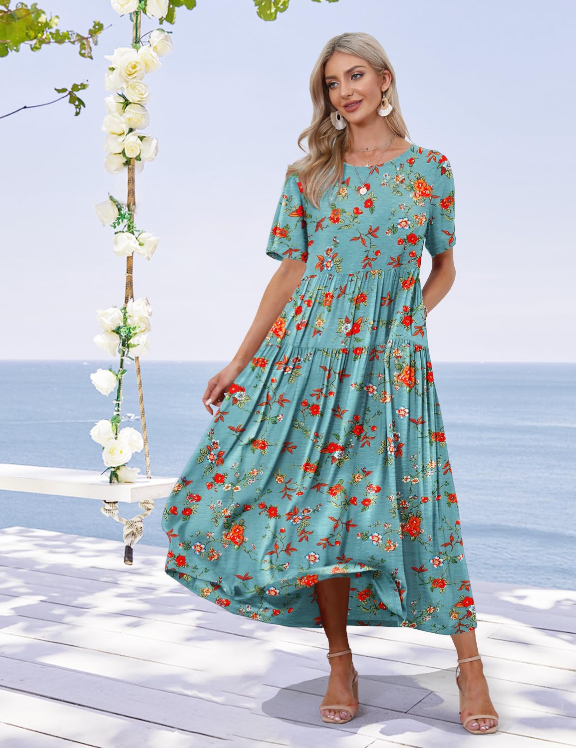 YESNO Women Casual Loose Bohemian Floral Dress with Pockets Short Sleeve Long Maxi Summer Beach Swing Dress S EJF CR14